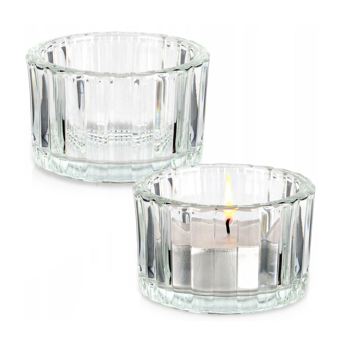 Set of 2 Ribbed Tea Light Candle Holders | Round Clear Glass Tea Light Holders | Elegant Ribbed Design for Soft Ambient Lighting
