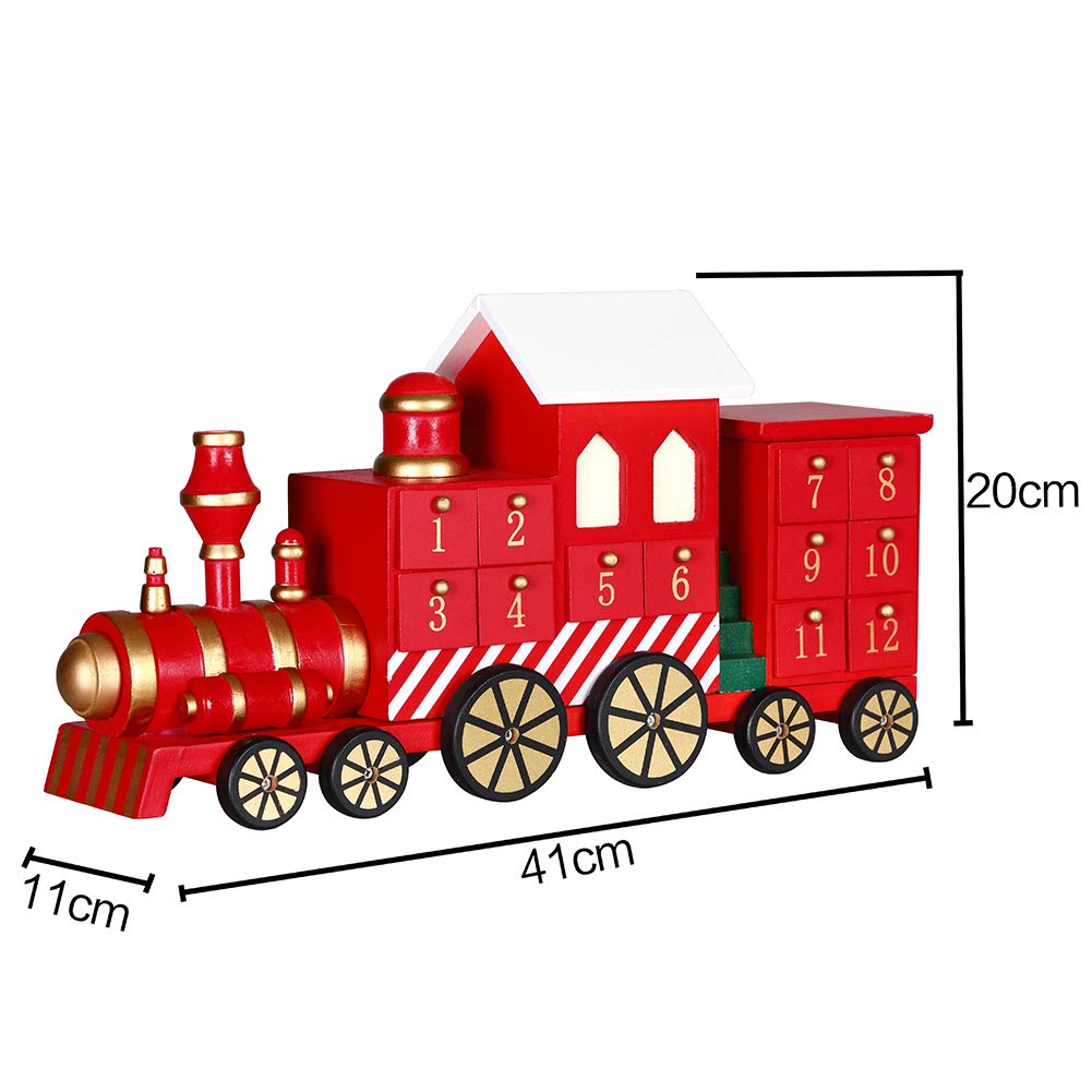 BAKAJI Calendrier de l'Avent de Noël en bois avec 24 tiroirs numérotés pour surprise, décorations de Noël, maison (train de Noël)