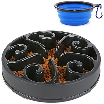Freefa Slow Feeder Dog Bowl Bloat Stop Dog Food Bowl Maze Interactive Puzzle Non Skid, Come with Free Travel Bowl (Black, Hold 2 Cups)