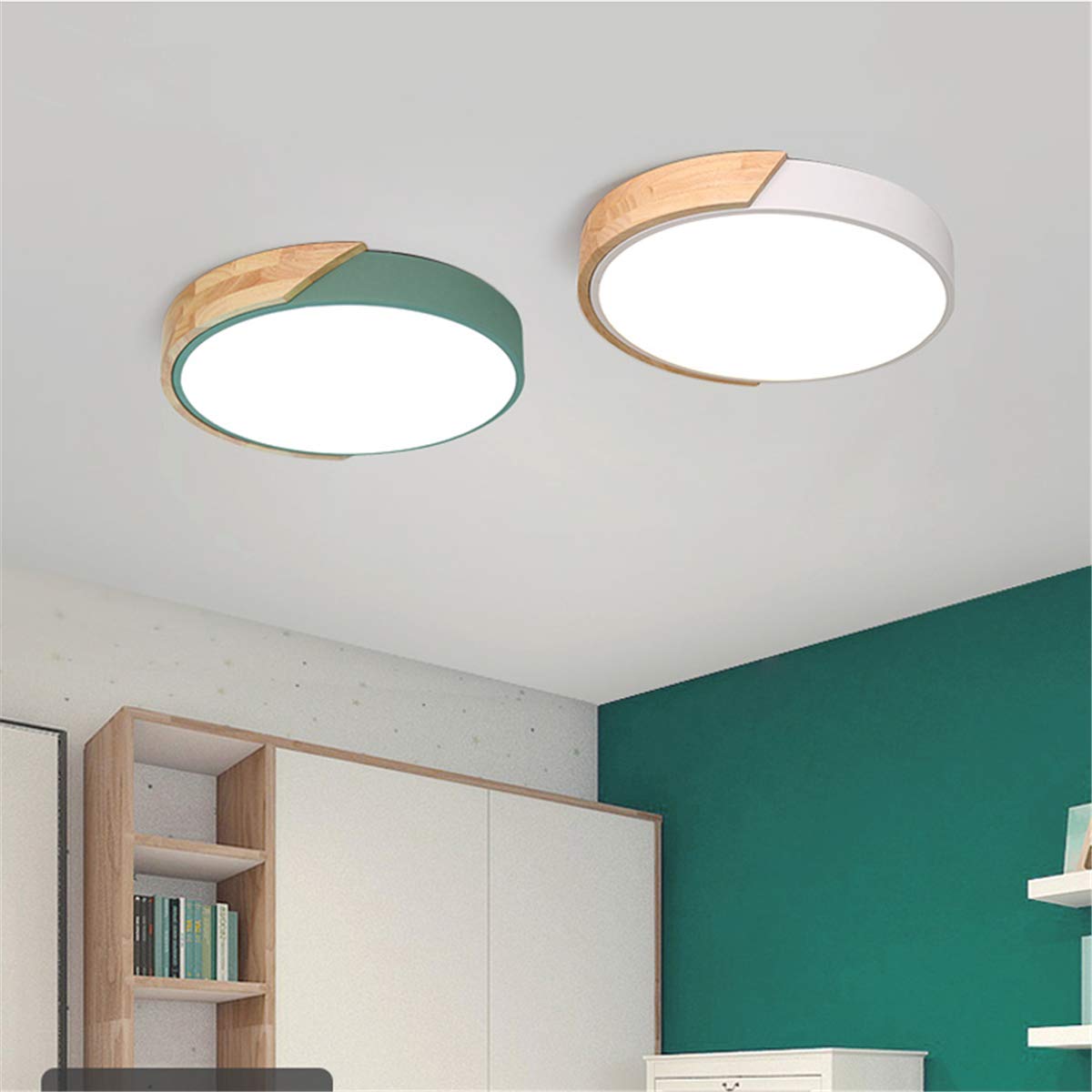Plafonnier LED En Bois Moderne À Encastrer, 12 Pouces 2400LM 6500K, Luminaires De Lampe En Bois Rond Ultra Mince Pour Cuisine Salle De Bain Salon Chambre Couloir,Bleu,Tricolor light