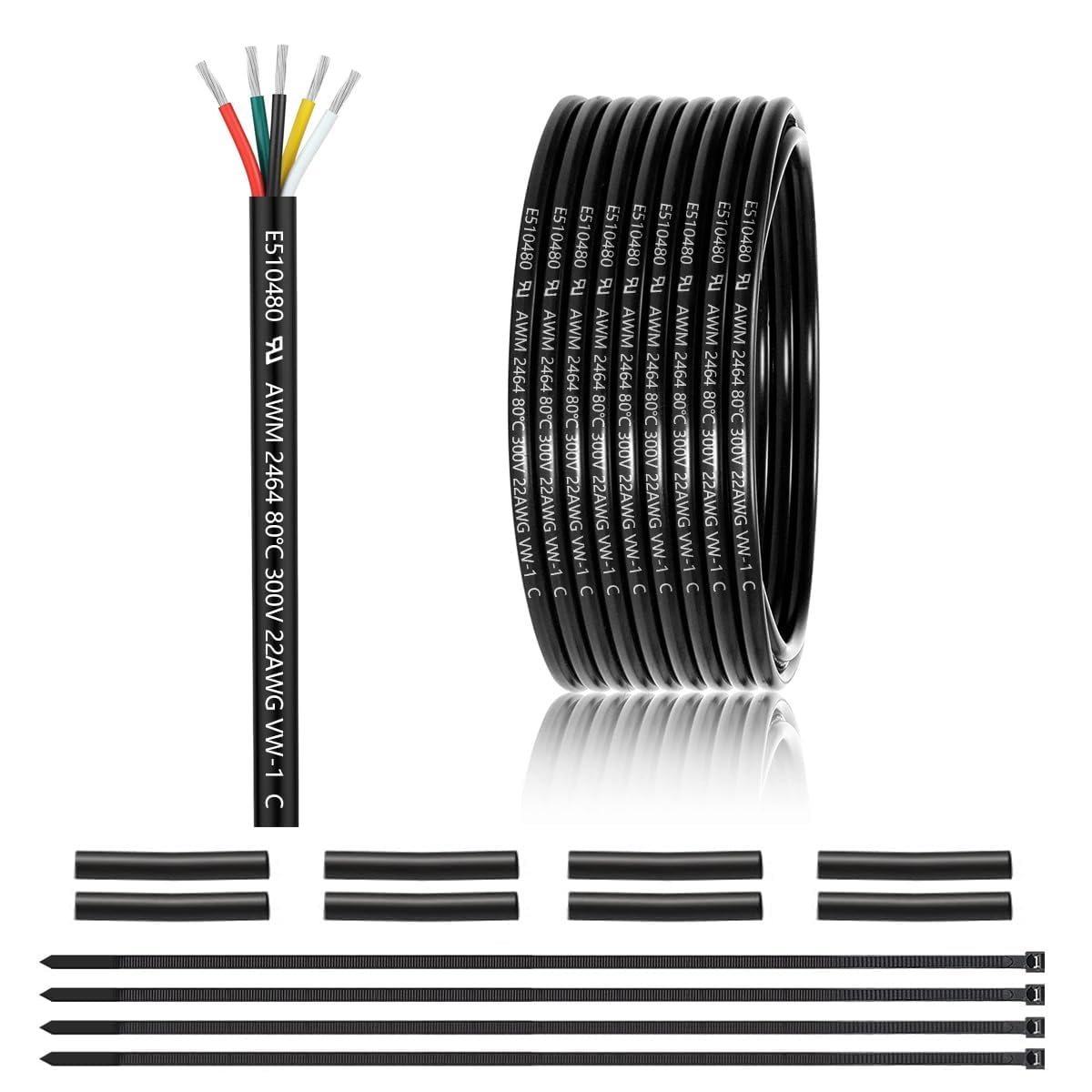 22 AWG 5 x 0.3 mm² 5 Core Cable 7.62 Metres, 22 AWG 5 Core Wire Made of Tinned Copper, PVC 22AWG 5 Core for DC 5V/12V/24V, LED Lighting, Extension Cable, Car etc., CE Certification