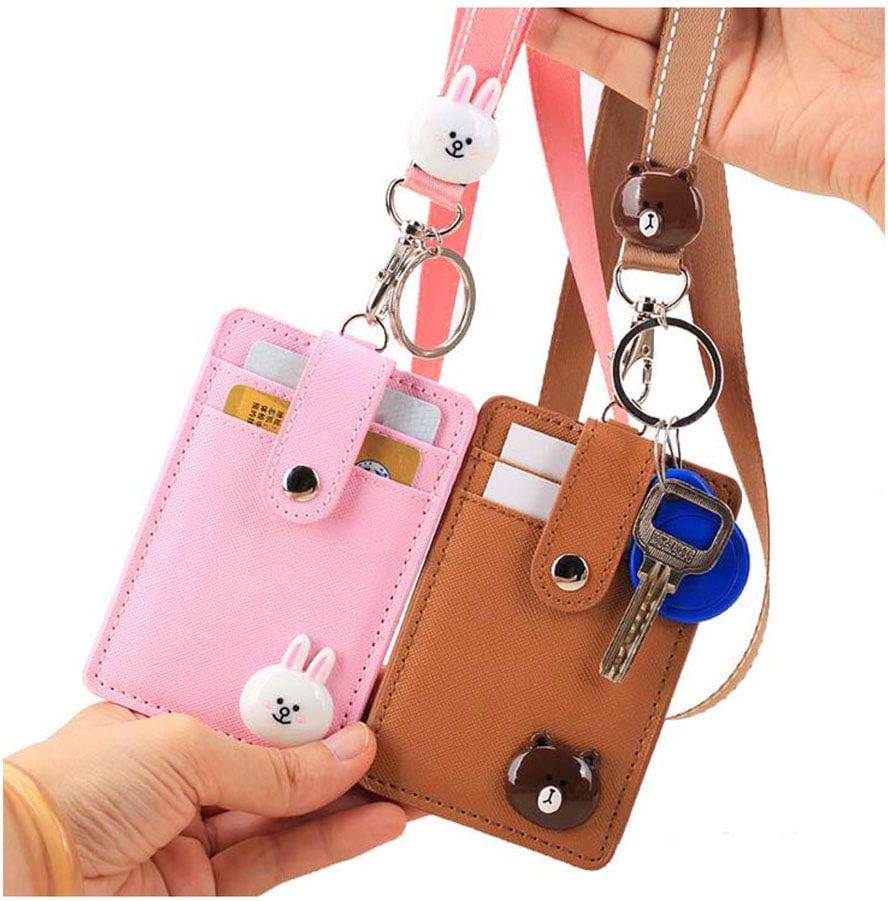 2 Packs ID Cards Badge Holder with Lanyard, Cute Leather Credit Card Holder with 2-Sided 3 Slot and Key Ring for Women Girls (Bear & Rabbit)
