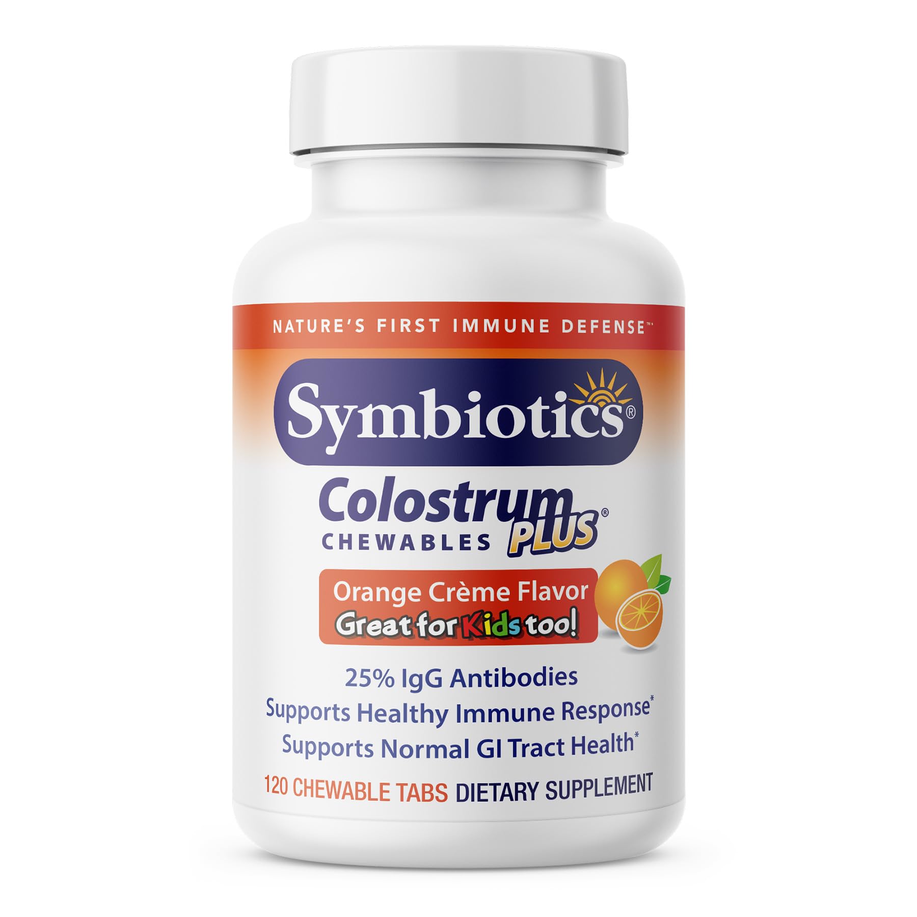Symbiotics Colostrum 120ct Chewables Plus - Immunity Support for Adult & Kids - Lactoferrin Supplement & Colostrum Protein - Supports Digestion & Gut - 25% lgG Antibodies, Gluten Free - Orange Creme