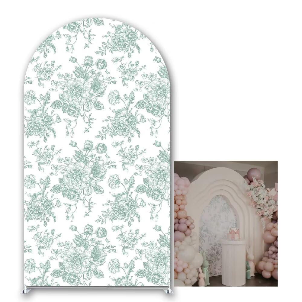 Iydamc Elegant Hand-Drawn Green Floral Arch Backdrop Cover Toile de Jouy Style Arch Spandex Covers Wedding Bridal Shower Birthday Parties Decorations