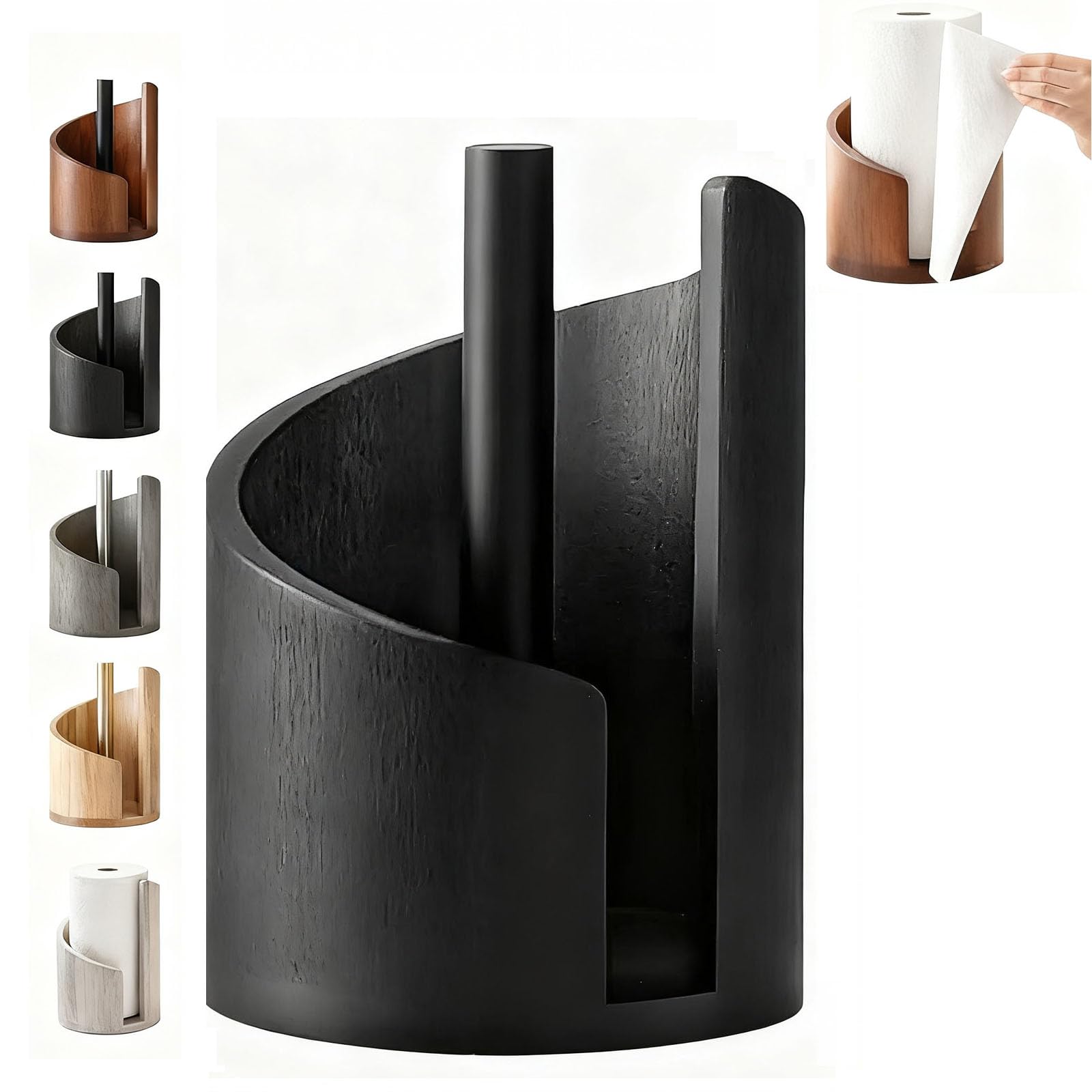 Portarrollos Cocina Madera Pino y Metal - Soporte Papel Cocina Vertical Diseño Espiral para Rollos Grandes - Dispensador Estable para Encimera y Mesa, Uso con Una Mano(Negro)