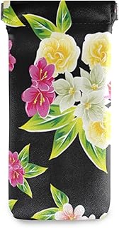 susiyo Bright Floral on Black Background Glasses Case Portable Microfiber PU Leather Soft Sunglasses Bag Eyeglasses Pouch Holder Squeeze Top for Women Men
