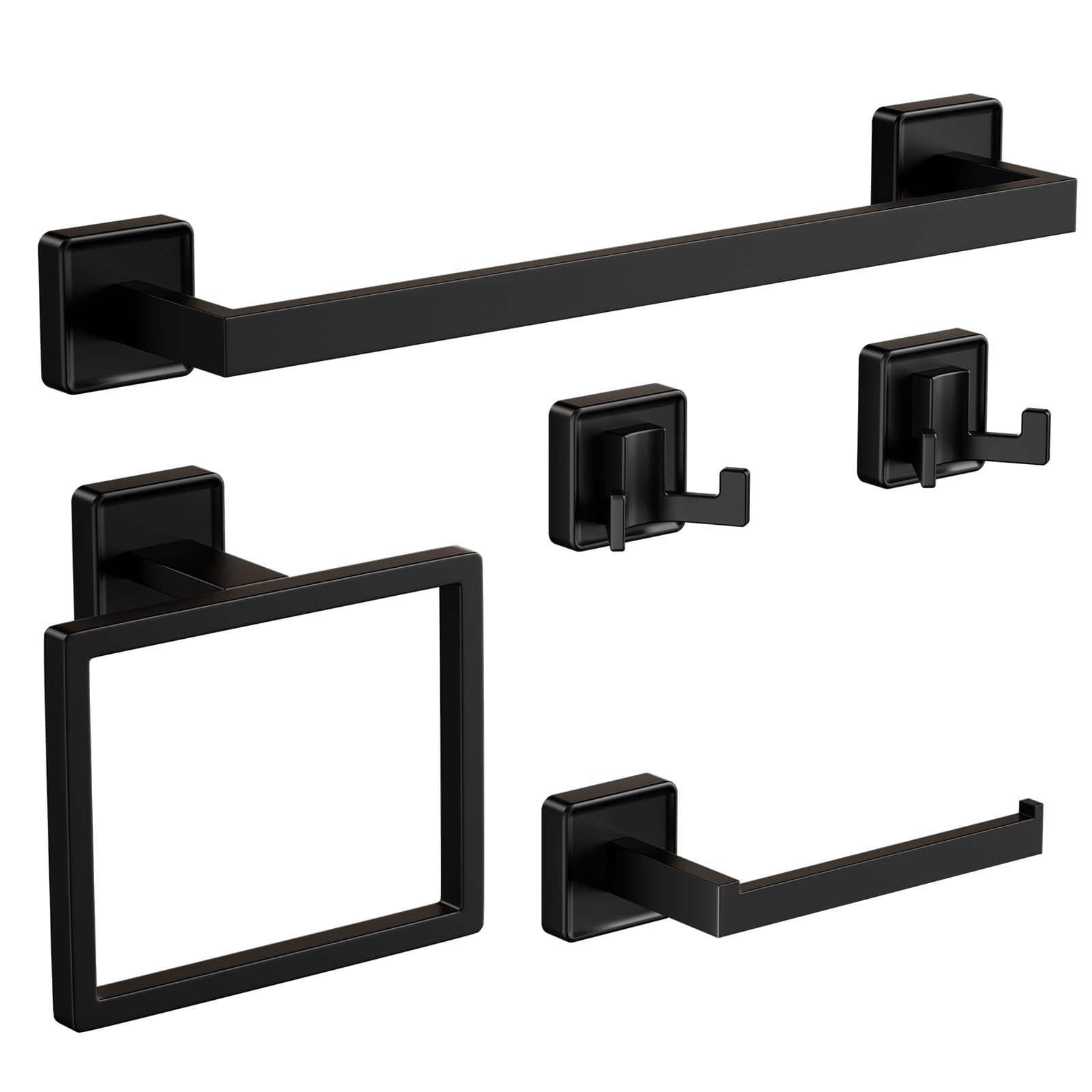 5-Piece Bathroom Hardware Set, Modern Square Black SUS304 Stainless Steel Wall Mounted Accessories for Bathroom & Toilet, Includes Towel Bar, Ring, Toilet Paper Holder and Double Hooks
