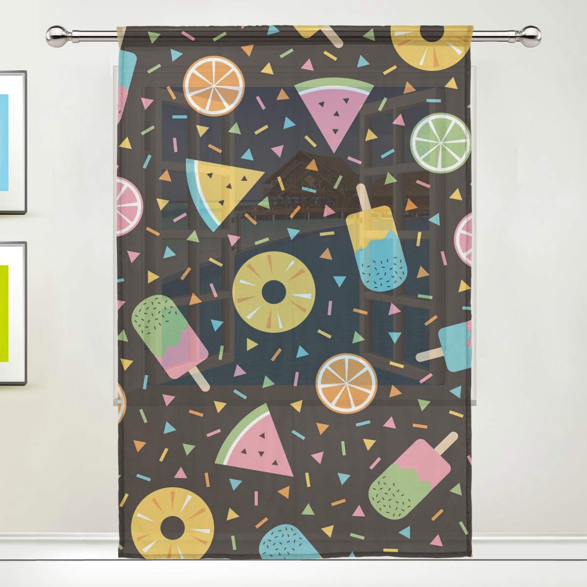 REFFW Fruit Ice Cream Summer Symbols Draperies for Home Bedroom Living Room Decor Sheer Curtain Print Semi Sheer Window Curtain