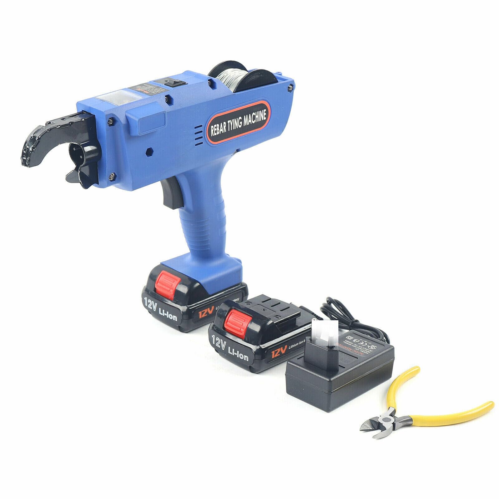 Rebar Tying Machine, 12V 8-34mm Automatic Handheld Rebar Tier Gun Steel Bar Rod Strapping Binding Tool, w 2 Batteries