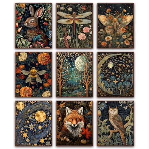 Morris Wall Paintings poster Set of 9, Vintage Rabbit Fox Starry Sky Bee Butterfly Dragonfly Poster Prints, Botanical Nature Floral Canvas Wall Decor Paintings for Living Room Bedroom Bathroom 10x8 In