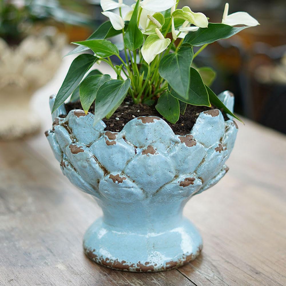 asdchZen 9.8Inch Retro Distressed Stoneware Relief Glazed Flowerpot Ceramic Planter Pot Indoor Cacuts Succulent Decor Modern Sculpture Flower Gifts Table Centerpiece Arts Crafts,Sky Blue