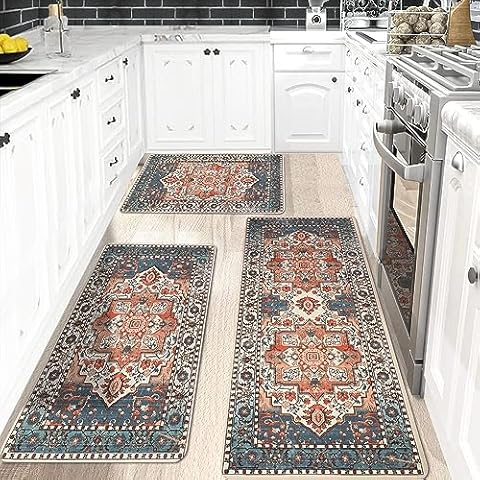 Falflor Vintage Kitchen Rug Sets 3 Piece with Runner Washable Kitchen Rug Sets Non Skid Kitchen Mats Boho Floor Carpets for Kitchen Entryway Laundry Room Bathroom Cover