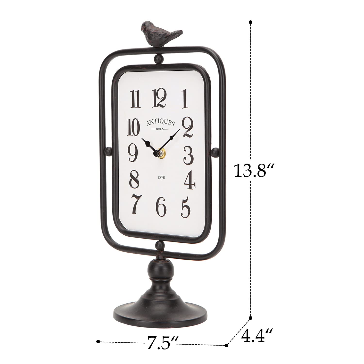 NIKKY HOME Vintage Bird Desk Analog Clock, Silent Non-Ticking Battery Operated Retro Table Mantel Shelf Clock for Bathroom Living Room Decor - Black