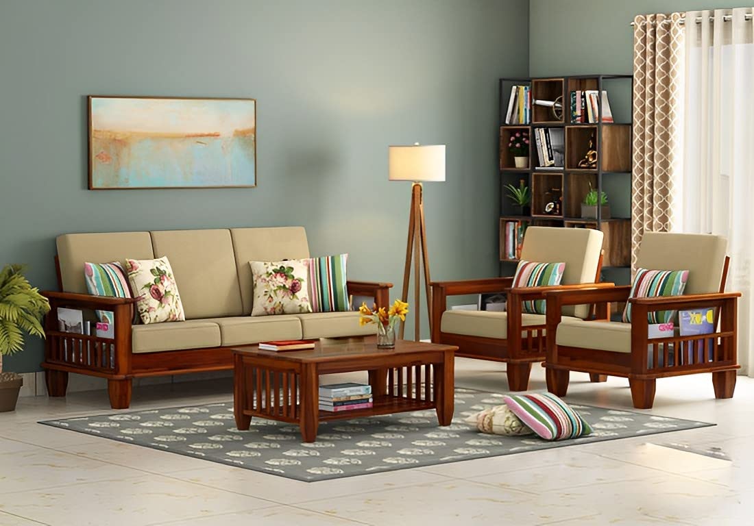 MV Furniture Solid Sheesham Wood Five Seater Sofa Set for Living Room | Finish Color (Honey Finish with Cream Cushions)-image-19