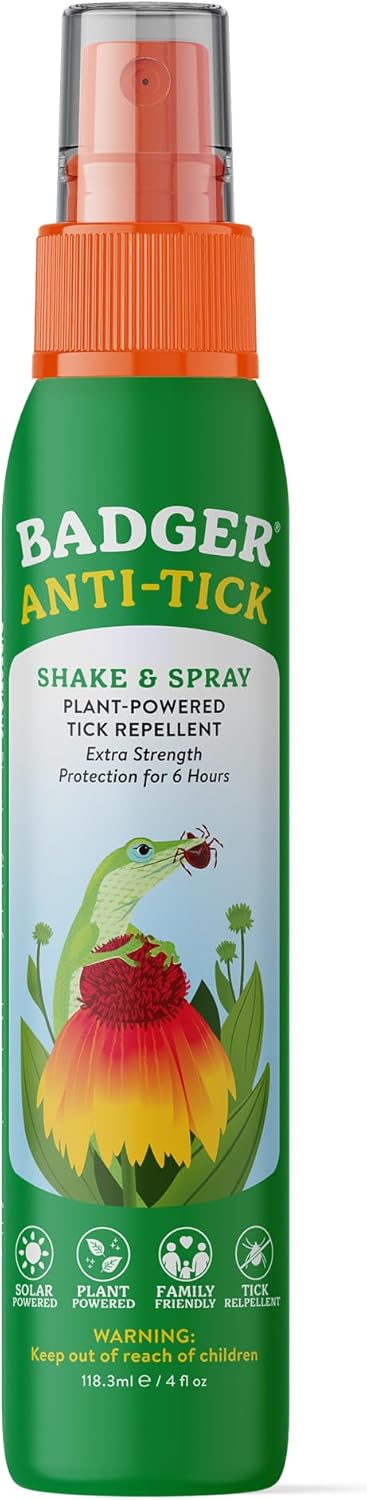 Badger Tick Spray, All Natural Tick Repellent for Humans, 6+ Hours Effective, Extra Strength Protection w/Organic Essential Oils, Safe for Kids, Deet-Free, Vegan, Plant Based, 4 fl oz