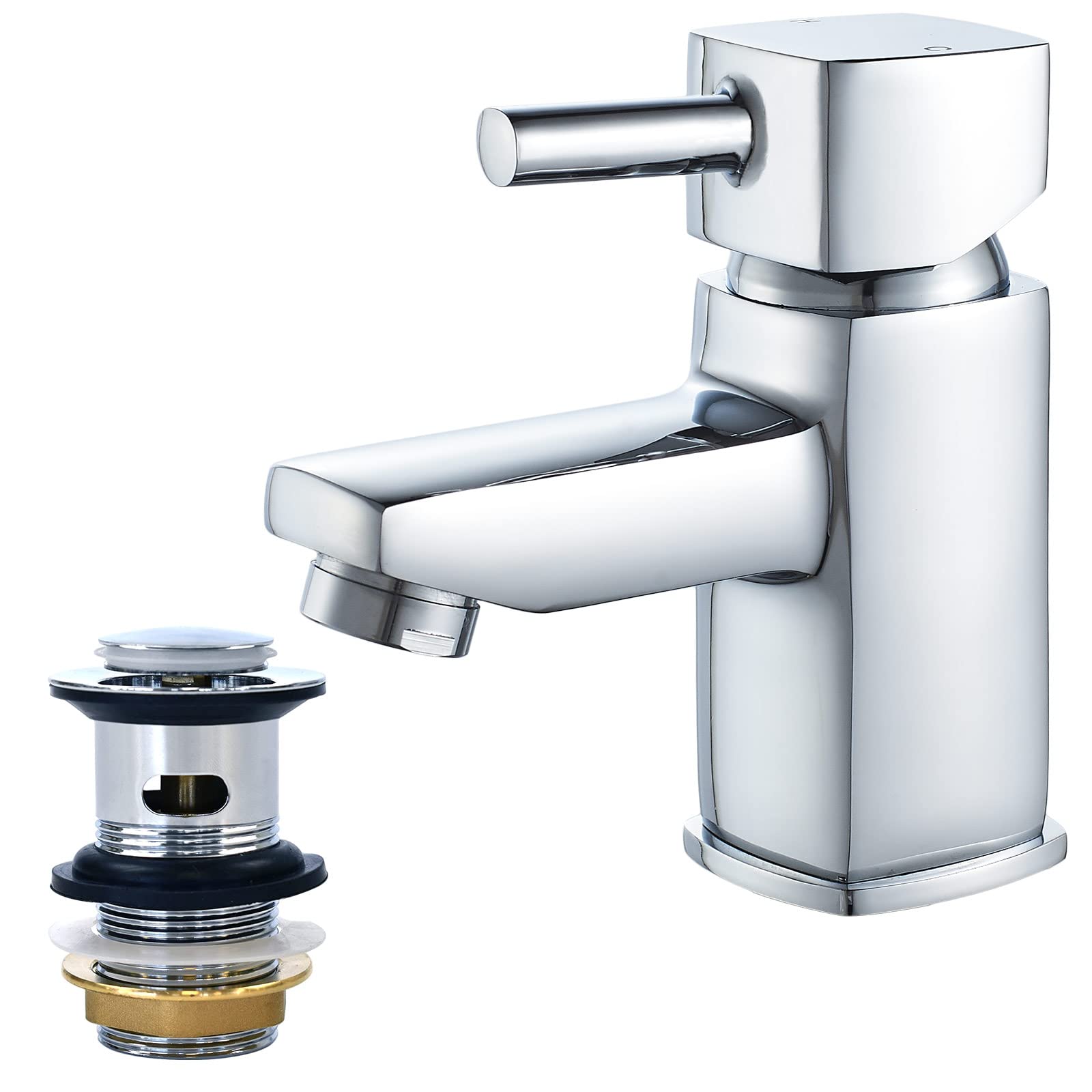 Neweast Chrome Basin Taps With Pop Up Waste,Mono Square Single Lever Bathroom Sink Mixer Tap For Washroom&Cloakroom