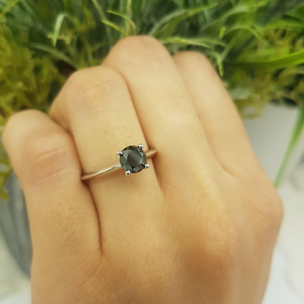 Dazzlingrock Collection Round Black Natural Diamond Women Bridal Engagement Solitaire Ring, 10K White Real Solid Gold