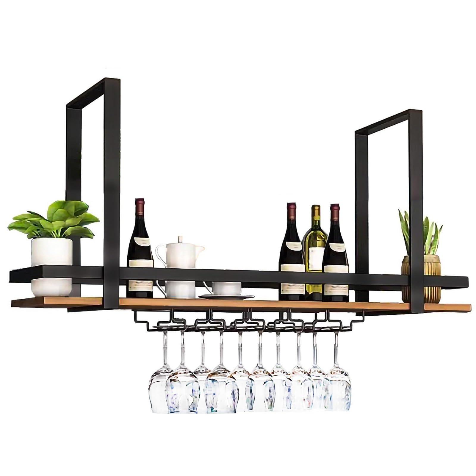Étagère à vin industrielle avec support en verre – Étagère flottante pour cuisine, café, salle à manger – Solution de rangement élégante pour bar noir