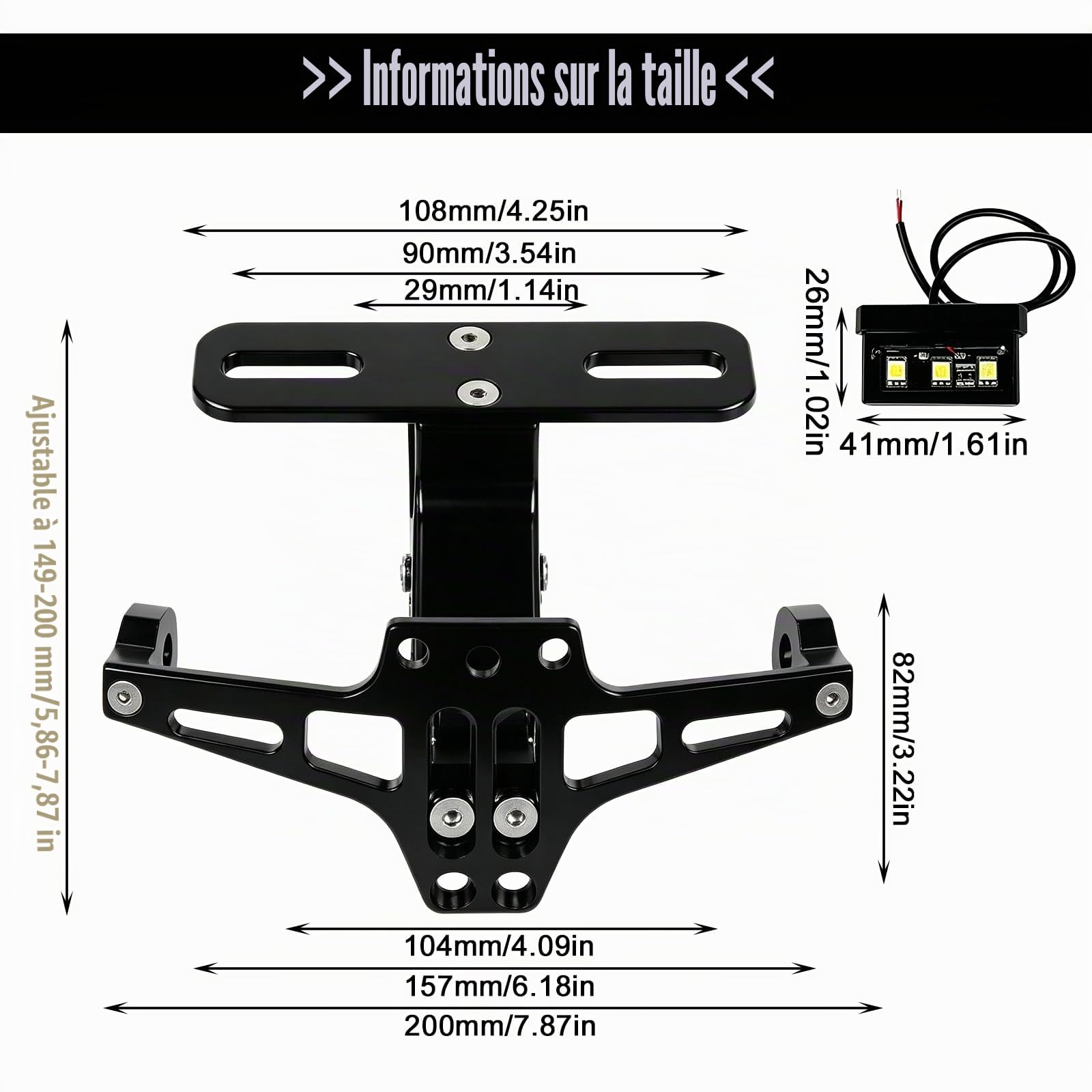 Support De Plaque D'immatriculation De Moto Réglable, Support De Plaque Moto en Aluminium, Universel Porte Plaque Immatriculation avec Lumière LED pour La Plupart des Modèles De Moto