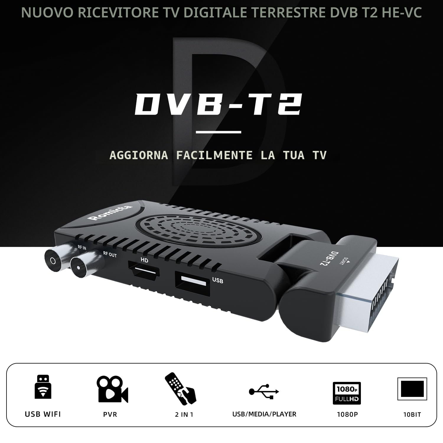 Romicta Decoder Digitale Terrestre 2025 DVB-T2, 1080P H.265 HEVC 10Bit, Decoder DVB-T2 con USB PVR e Youtube, HDMI/SCART, Lettore Multimediale, Telecomando Universale 2 in 1
