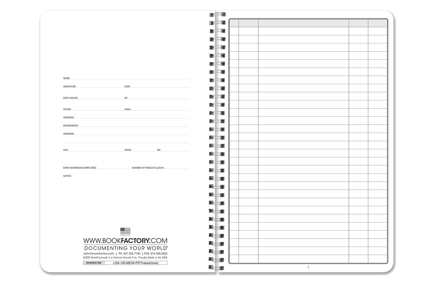 BookFactory Libro de registro de transacciones/Cuaderno de transacciones/Libro de contabilidad/Registro - Wire-O, 100 páginas, 6 "x 9" (LOG-100-69CW-PP (Transactions)-BX)