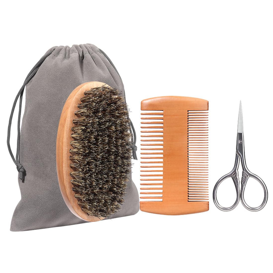 4 Pezzi Set di Accessori per Barba:Spazzola Barba,Pettine di legno Massiccio,Forbici + Sacchetto di Stoffa,Adatto all'Aperto,Viaggi, Regali per Uomini