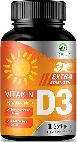 Vitamina D3 Extra Strength 5000 iu (125 mcg) Alta absorción para apoyo óseo, muscular e inmunológico, suplemento de vitamina D diario de Nature's -