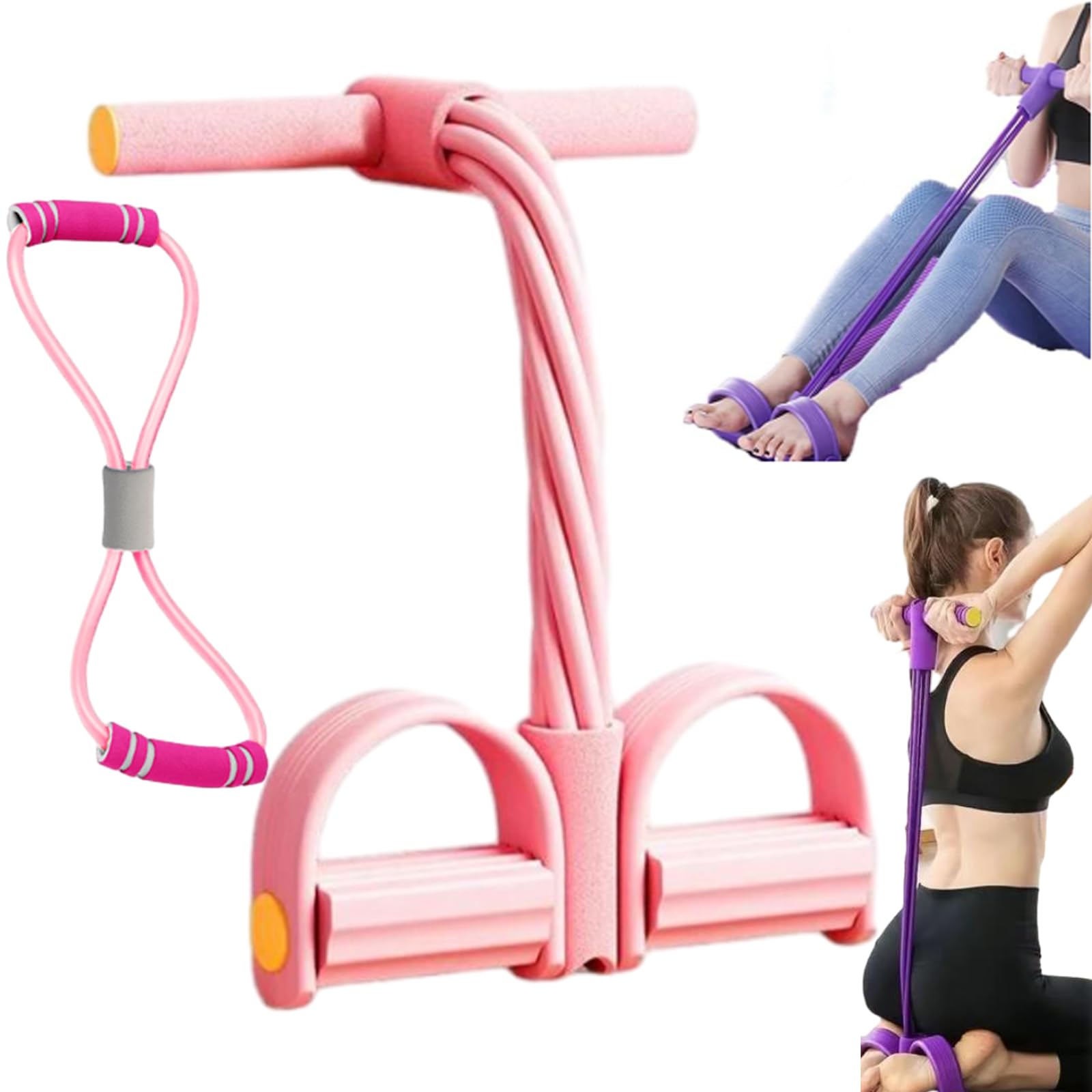 2026 Latest 8-Tube Pedal Resistance Device, Foot Pedal Resistance Bands with Handle, Sit up Exercise Equipment for Home, Unisex (Pink Set)
