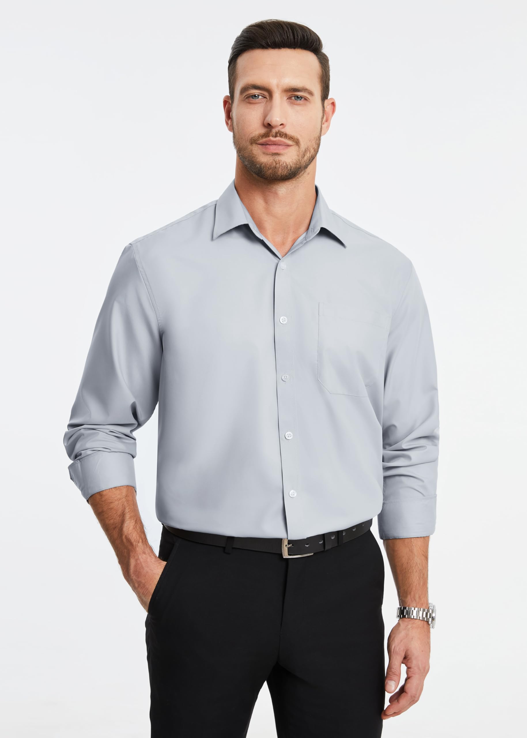 HISDERN Camisa de Manga Larga para Hombre de Vestir y Negocios - Informal de Ajuste Regular - Fibra de Bambú Sin Hierro Con Bolsillo S-4XL