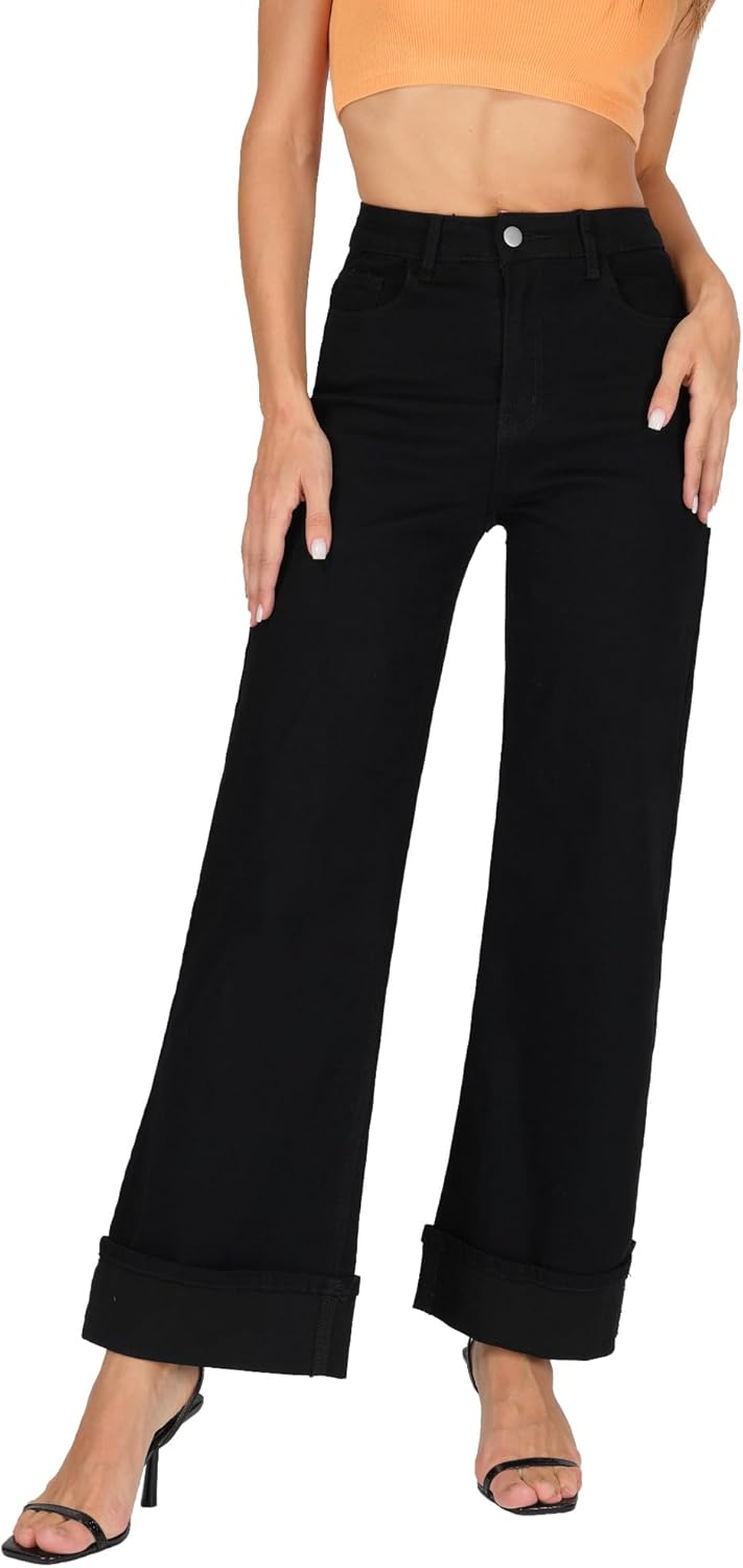 Myzellia Wide Leg Jeans Woman Stretchy Cuffed High Waisted Baggy Jeans Loose Denim Pants
