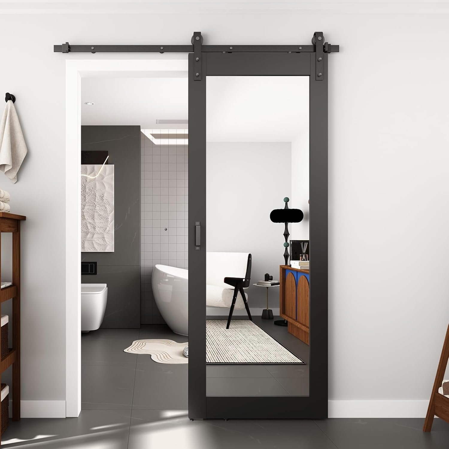 BARNSMITH 30in x 84in Mirror Barn Door with 5FT Sliding Door Hardware Kit Included, 1 Lites Full Length, Solid Wood Water-Proof PVC Surface,No Assembly Required,Black