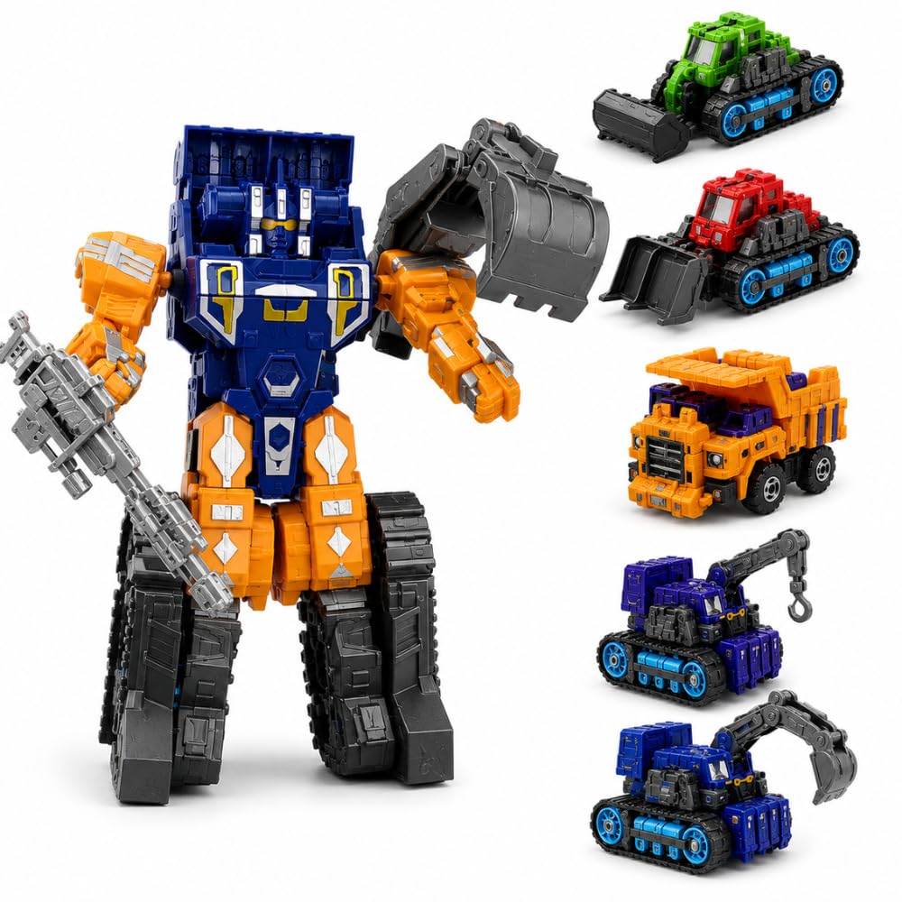 5-in-1 construction vehicle robot transformer | combines 5 engineering trucks into 1 mighty warrior robot | build, transform & play adventure set | stem building toy for kids age 3+