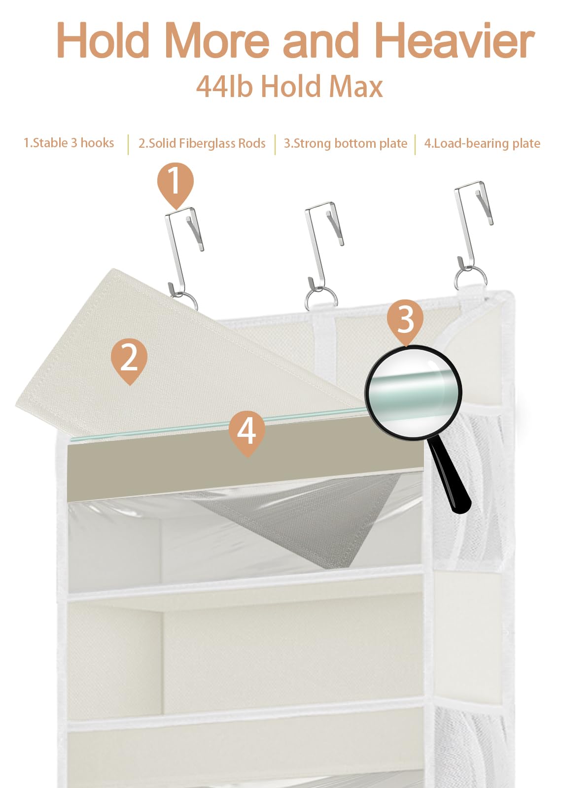 TAHAVICE Portaoggetti da Appendere con 5 Ripiani e 3 Ganci, Organizer da Appendere Salvaspazio, Mensole da Appendere per Porta per Camera da Letto, Bagno, Cucina, Furgone, Campeggio(beige)