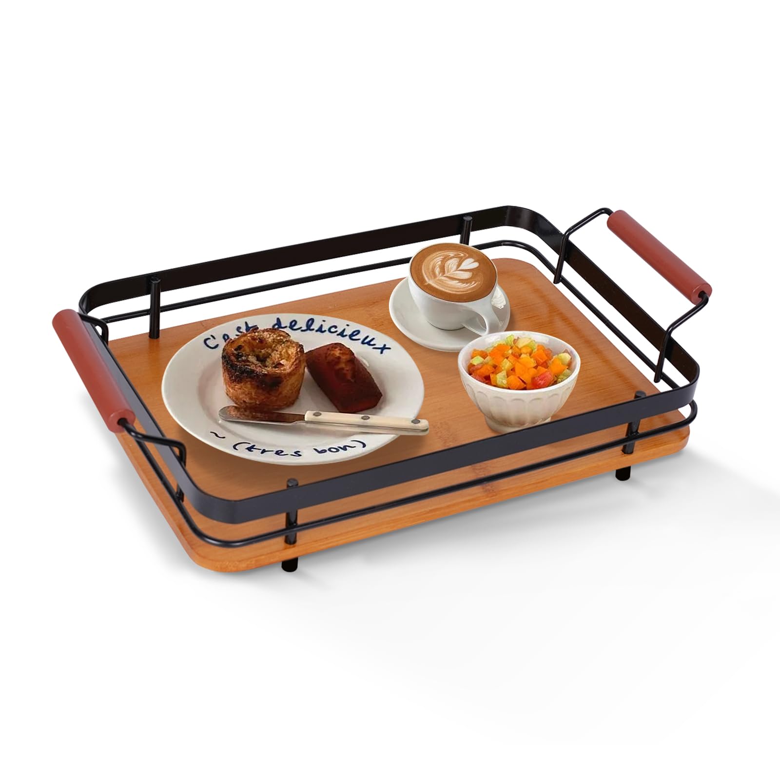 Rectangular Wood Serving Tray with Metal Handles, 12" x 8" Bamboo Decorative Tray for Breakfast, Food, Drinks, Bathroom, Kitchen, Livingroom, Small