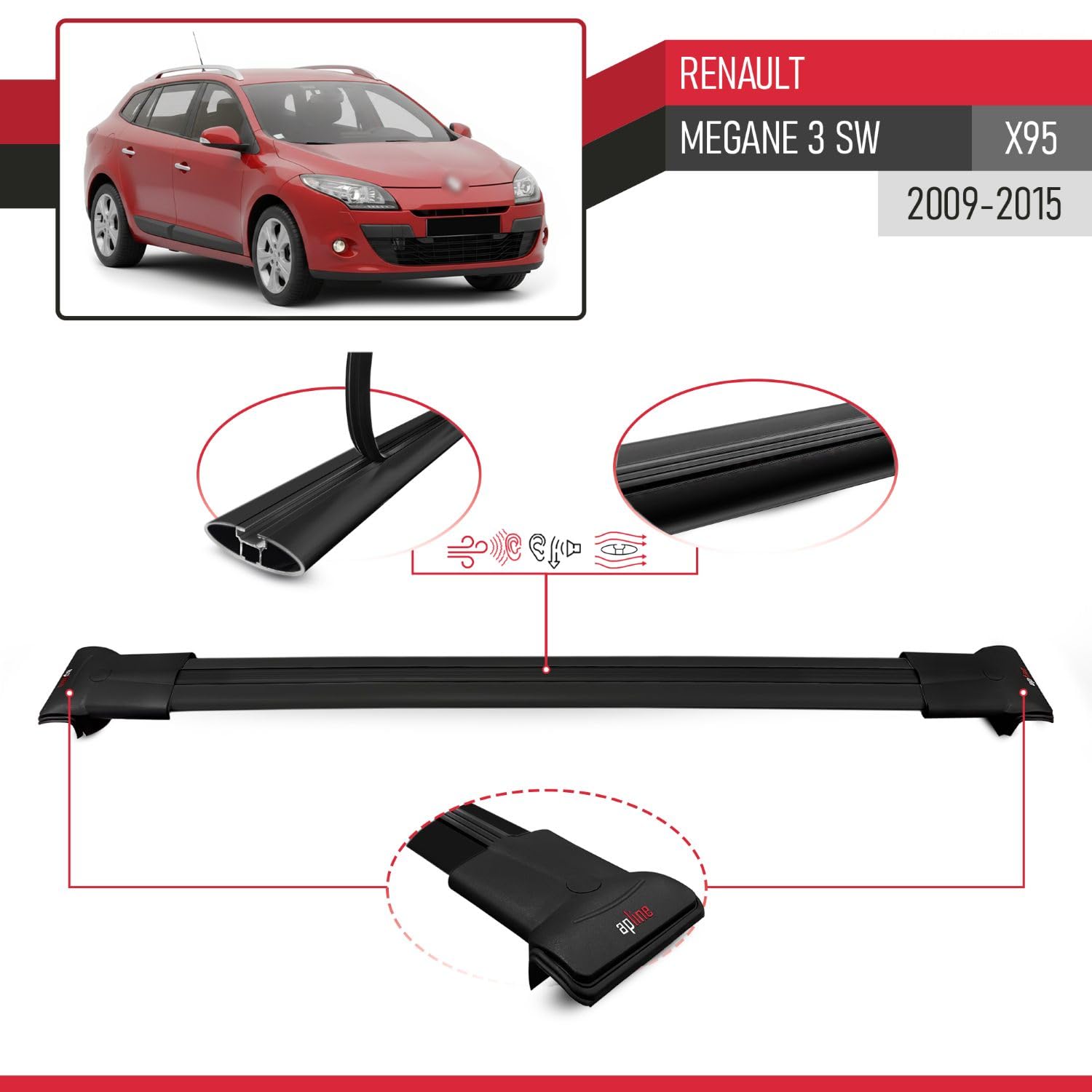 Kompatybilny z Renault Megane 3 SW (X95) 2009-2015 FLY Model Aluminiowe poprzeczki dachowe Czarny 3 szt.