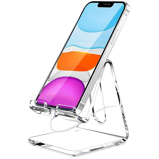 Crpich Acrylic Cell Phone Stand, Portable Phone Holder, Clear Phone Stand for Desk, Compatible with Phone 13 12 Pro Max Mini 11 Xr 8 Plus SE, Switch, Android Smartphone, Pad, Tablet, Desk Accessories