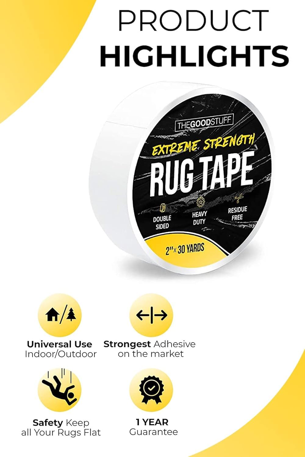 The Good Stuff Doppelseitiges Teppichband, 5,1 cm x 9,1 m, befestigt Teppiche auf Teppichen, Laminaten und Hartholzböden, leicht zu entfernen und wieder zu kleben, ohne Rückstände oder Schäden am