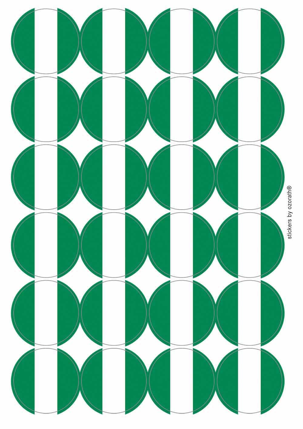 Nigeria National Flag Circular Matt Paper Stickers A4 Sheet of 24 (Each Sticker is 45mm Diameter)