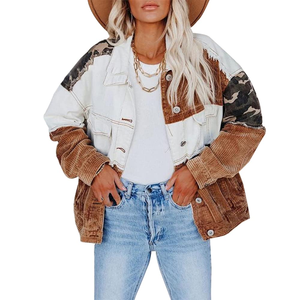 Denim Jacket Jean Jacket Women'S Retro Camouflage Corduroy Patchwork Jacket