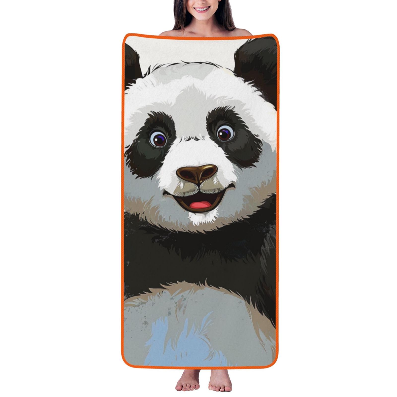 WPKJU Panda Art Printed Bath Towel with Orange Edging - 27x55 in Soft Extra Absorbent Coral Velvet Shower Towels for Bathroom