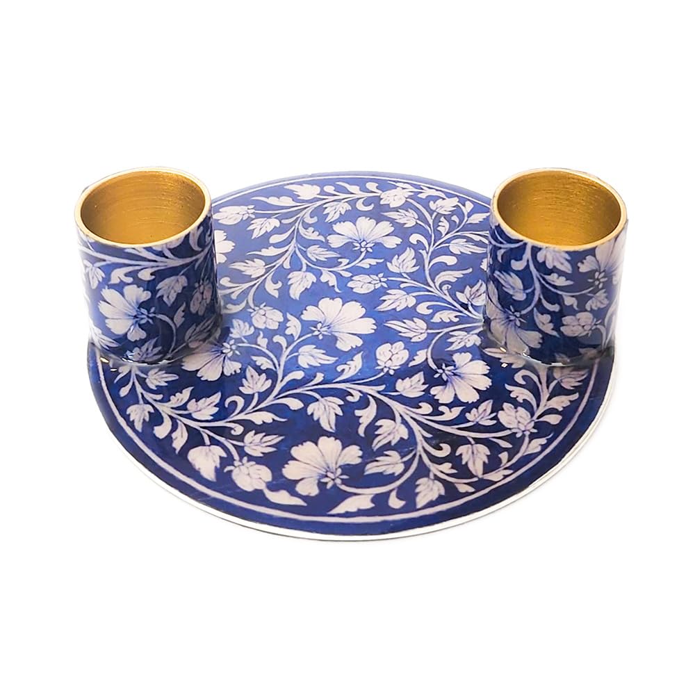 Yair Emanuel Flat Plate Candle Holders for Shabbat 4 Inch Vibrant Pattern Design Modern Judaica Gift (CSE-6 Blue Pottery)