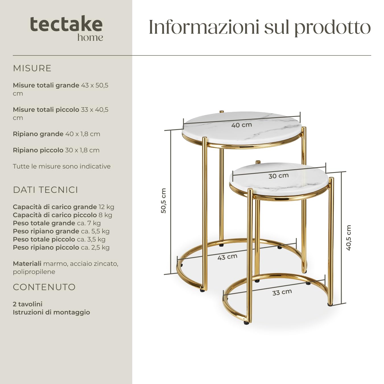 tectake® Set di 2 tavolini salotto in marmo, base in metallo, tavolino da caffè, tavolo basso rotondo, tavolino basso in marmo moderno per salotto, soggiorno,metallo, tavolo da balcone - Bianco/Oro