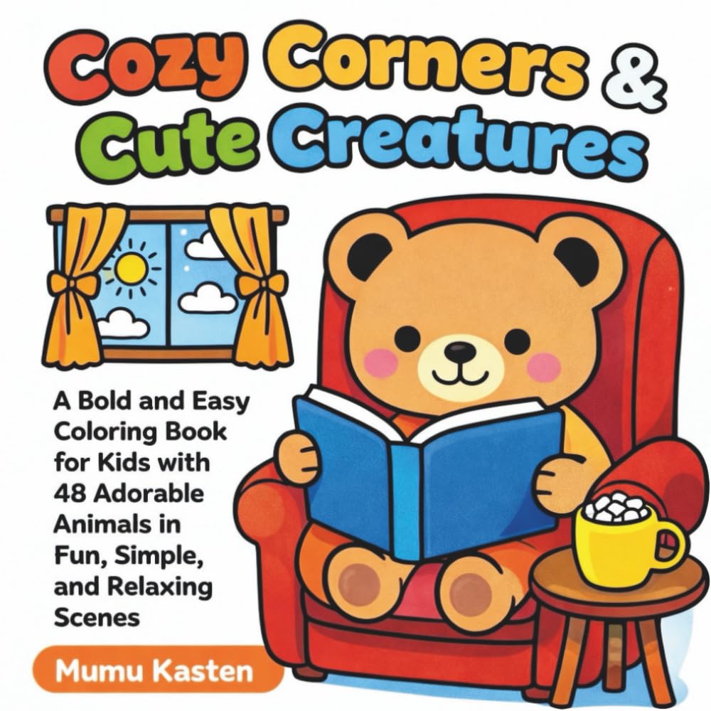 Cozy Corners & Cute Creatures: A Bold and Easy Coloring Book for Kids with 48 Adorable Animals in Fun, Simple, and Relaxing Scenes