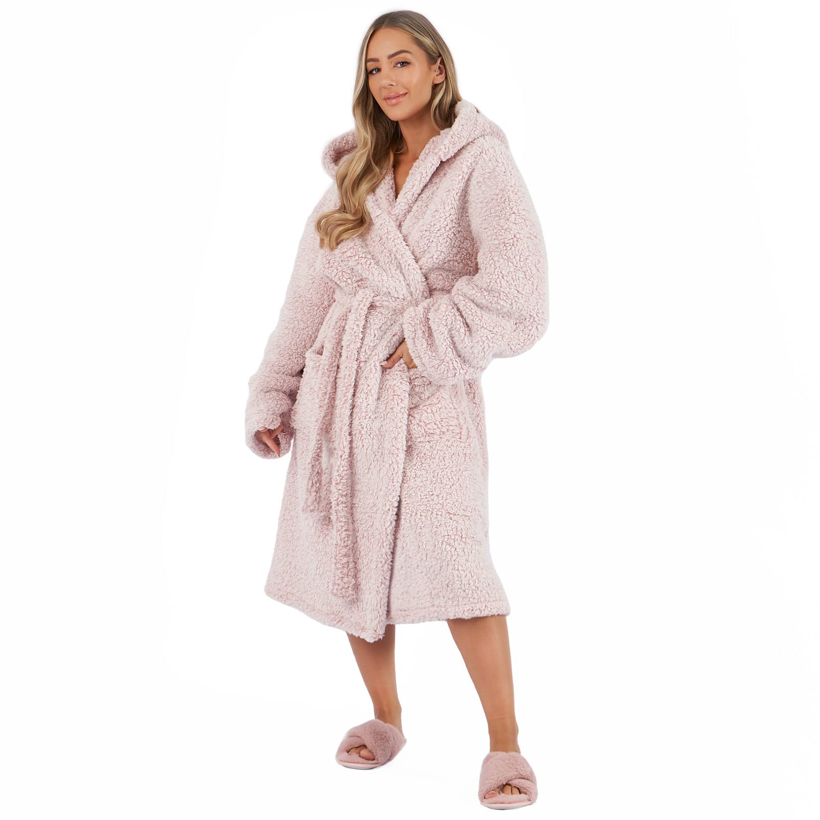 Brentfords Women's Blush Pink Dressing Gown Teddy Marl, Mothers Day Gifts Bathrobe With Hood & Pockets Soft Warm Comfy Luxury Oversized Fluffy Dressing Gowns, One Size