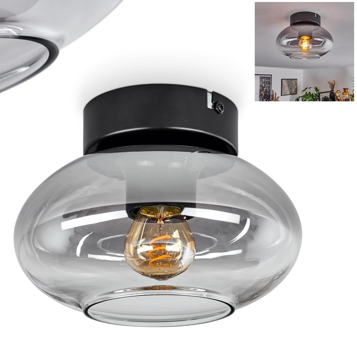 Hofstein Black Haikala Ceiling Lamp, Modern Metal/Glass Ceiling Lamp In /Smoke Colour, Retro/Vintage Design Lamp With Smoked Glass Lampshade (Ø 18.5 Cm), 1-Flame, 1 X E27, Bulbs Not Included