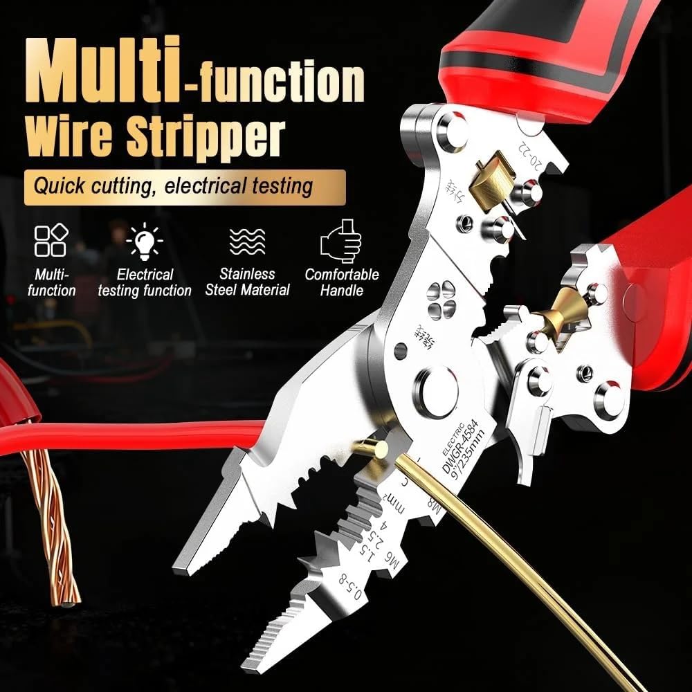 Pinza spelafili 16 in 1 con tester di tensione (12-250 V), pinza spelafili multifunzione per tagliare, tirare e crimpare fili, strumento elettrico pieghevole per riparazioni elettriche