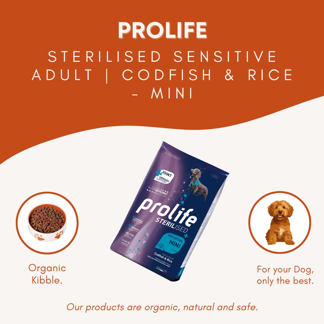 PROLIFE Cane Sterilised Sensitive Adult Codfish & Rice - Mini | alimento secco completo per cani adulti sterilizzati e/o sensibili di taglia piccola, prodotto monoproteico, 1 confezione da 7kg.