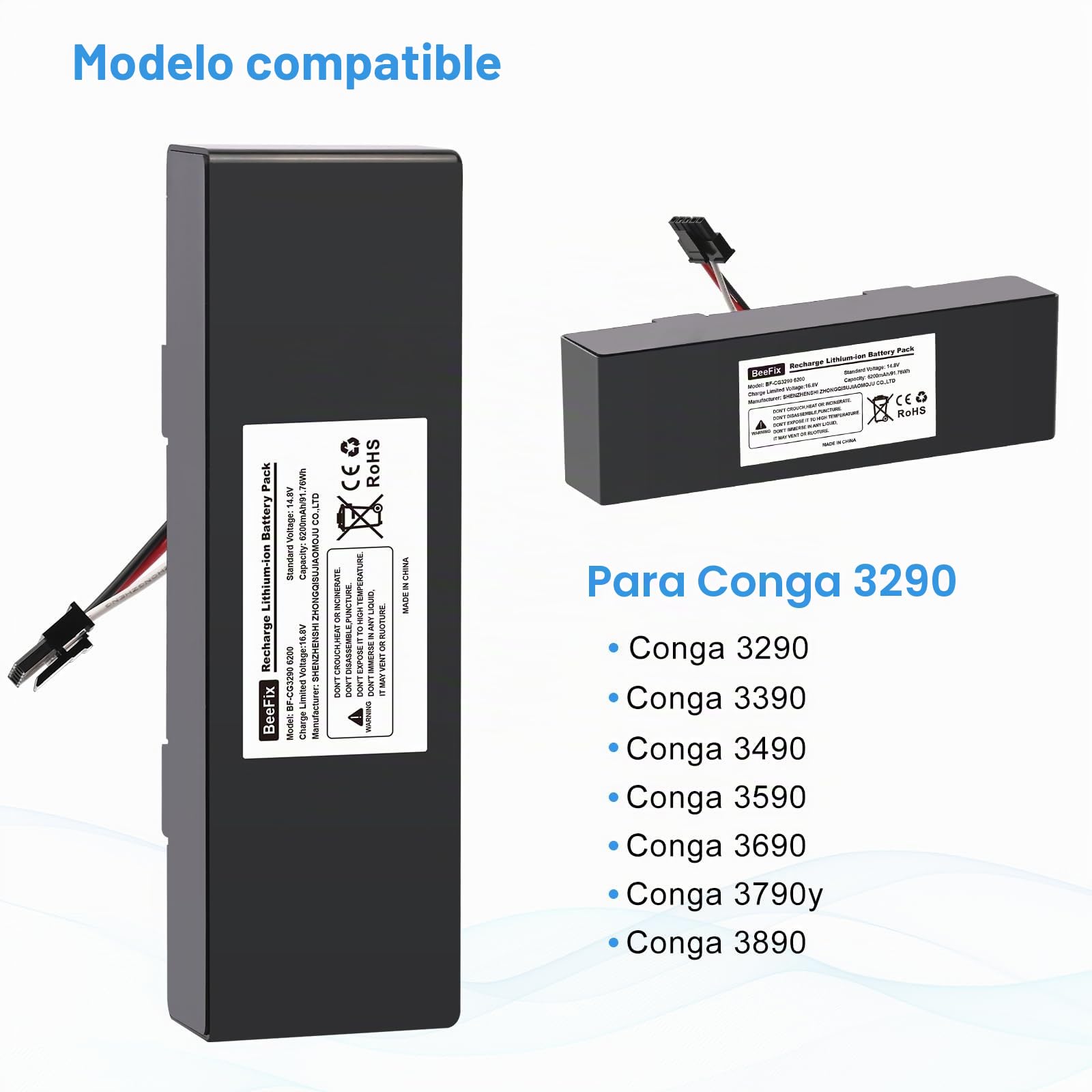 Batería de repuesto de 6200mAh para Conga 3290, 3390, 3490, 3590, 3690, 3790 y 3890 14.8V Li-ion Batería de aspiradora de vacío robótico