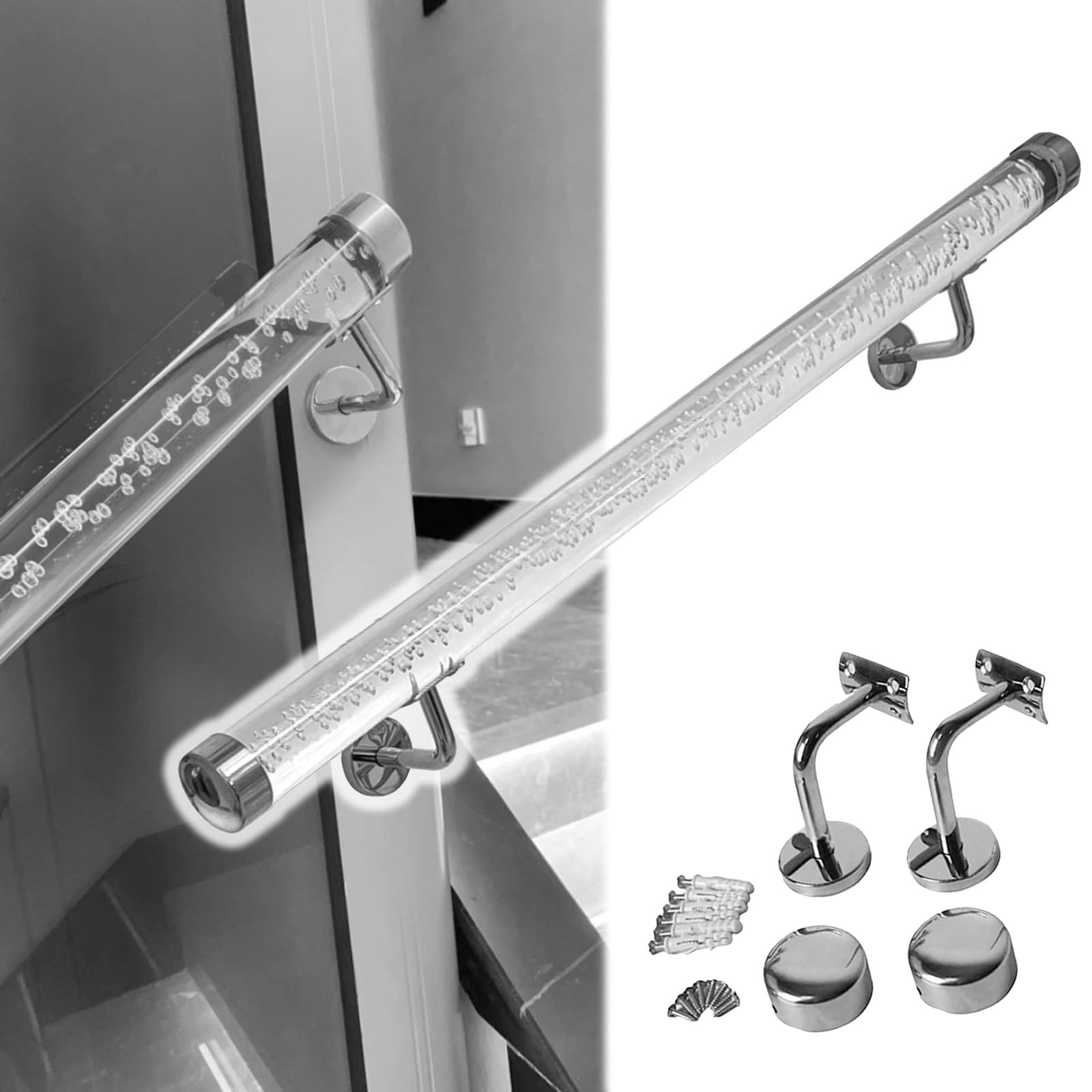 Gyeqxkt Silver Bracket Customizable Clear Acrylic Handrail With Metal Bracketsindoor/Outdoor Use Lengths From 1.6 To 20 Ft Durable Perfect For Staircases And Patios (2M/6.5Ft)