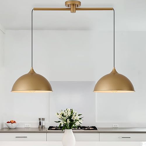Miniatura 9 de Luces colgantes para isla de cocina, paquete de 3 lámparas colgantes de cúpula con acabado negro y dorado, lámpara colgante industrial para comedor,